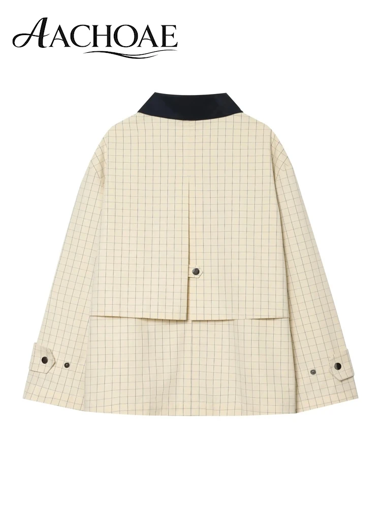 AACHOAE Women's Contrast Collar Plaid Jacket Casual Button Up Coat Oversized Long Sleeve Grid Print Shacket Minimalist Outerwear