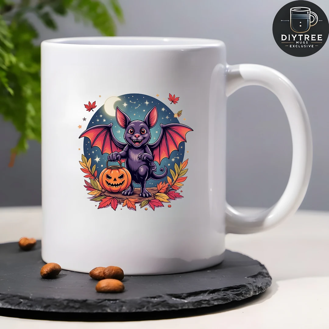 ハロウィンコウモリイラスト 11オンス漫画マグカップ ハロウィンキッズ用冷温飲料カップ 家族 オフィス クリスマスギフト クリエイティブオフィスC