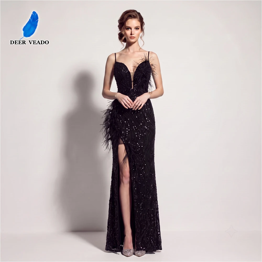 DEERVEADO 11 Colors Elegant Mermaid Slit Sequins Evening Dresses for Woman Formal Gowns Prom Party Maxi Dresses with Feathers