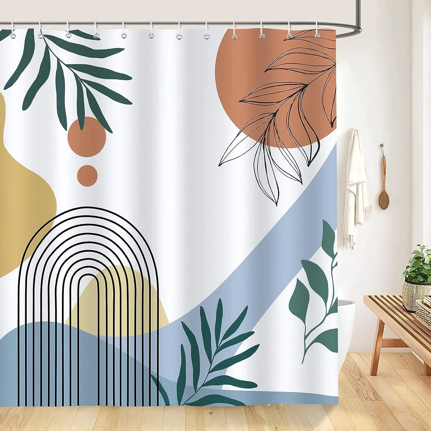 Boho Mid Century Shower Curtain Waterproof Fabric Modern Geometric Arch Bathroom Curtain Minimalist Abstract Boho Bathtub Decor