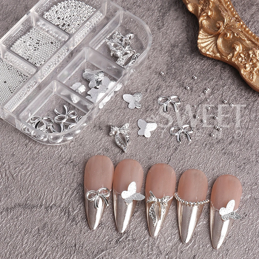 2 Dozen Gouden Zilveren Vlinder Nail Art Decoation Charms Kawaii Strik Stalen Bal Sieraden Onderdelen DIY Manicure Accessoires