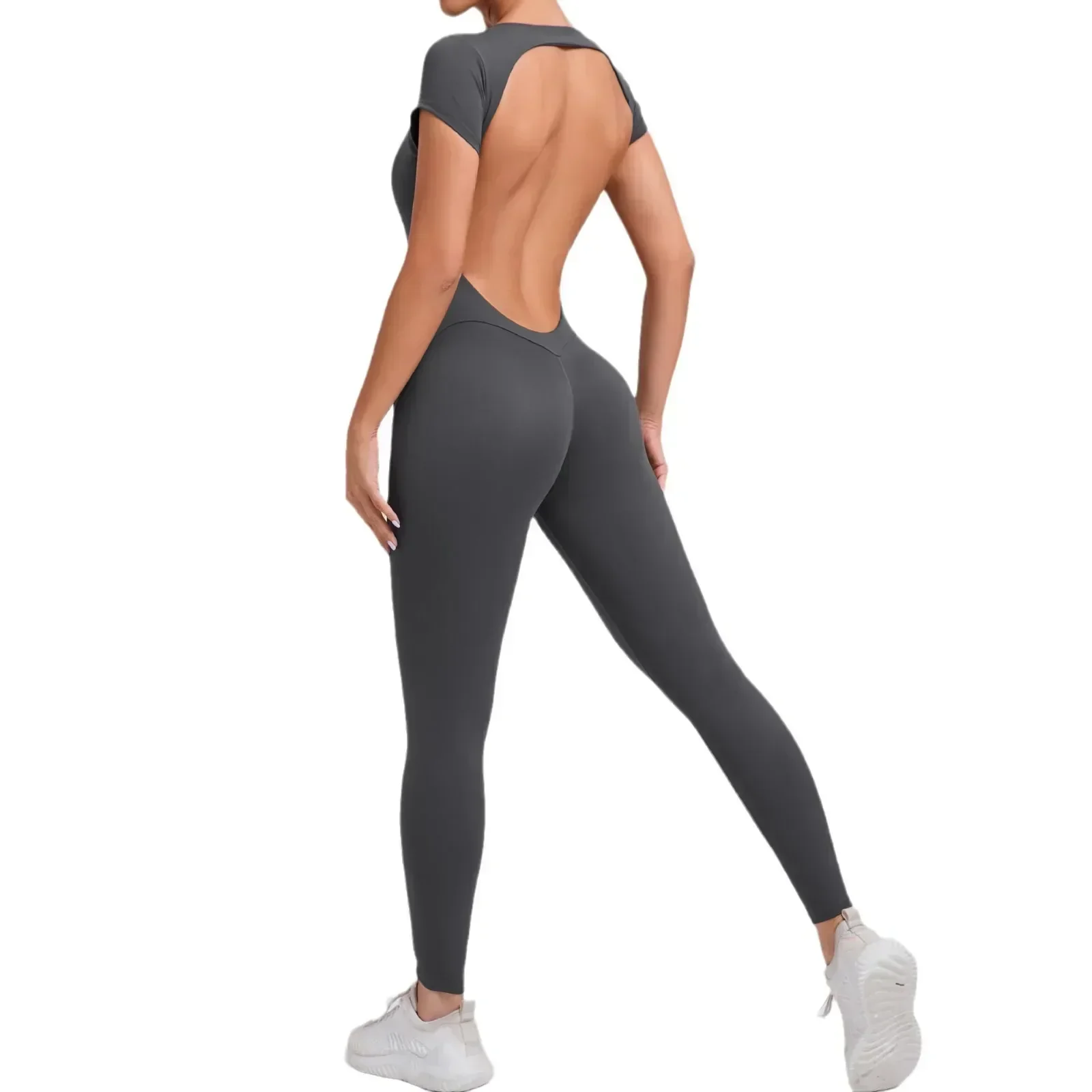 Seamless Yoga Jumpsuits Sports Fitness Hip-lifting Short-sleeved Backless One-piece Workout Gym Leggings Tracksutis for Women image 6