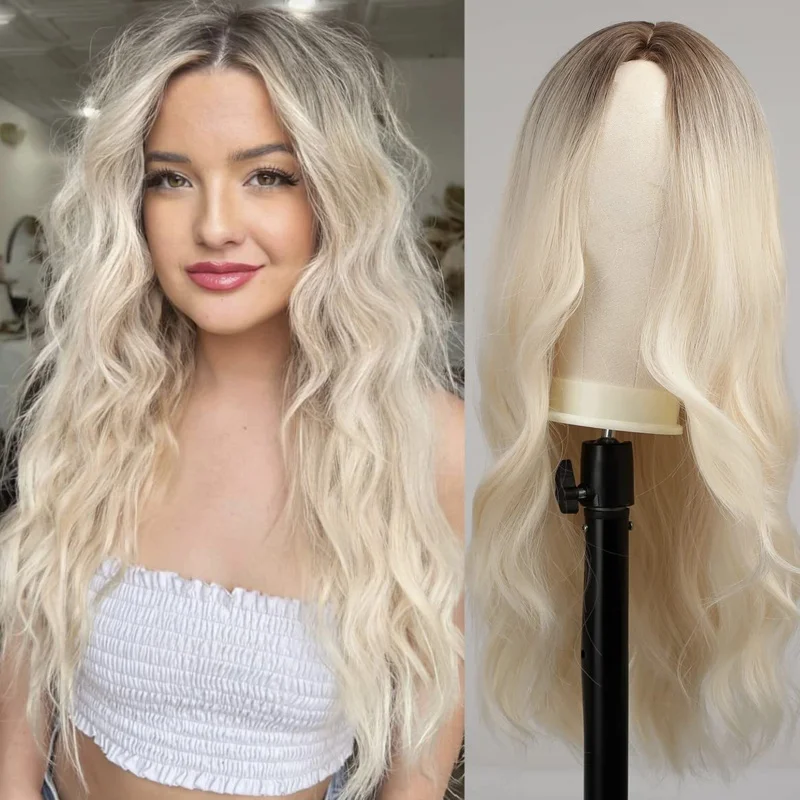 

Women's wig with a middle parting, large waves, long curly hair, no bangs, elegant, face-slimming, naturally voluminous, fu
