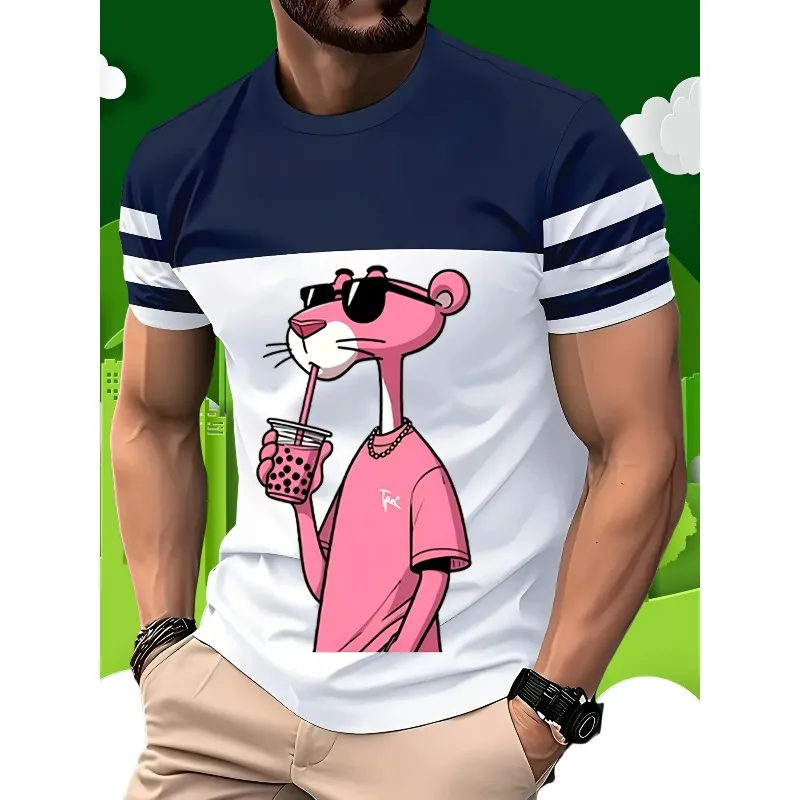 

MOTO-2025 New Men's Cartoon Pink 3D Printed T-shirt Summer Short sleeved O-neck