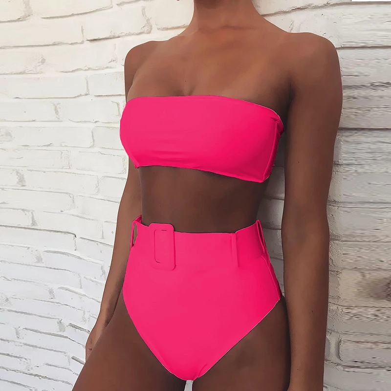 Bikini de cintura alta para mujer, traje de baño de dos piezas, de pierna alta, color negro, 2021