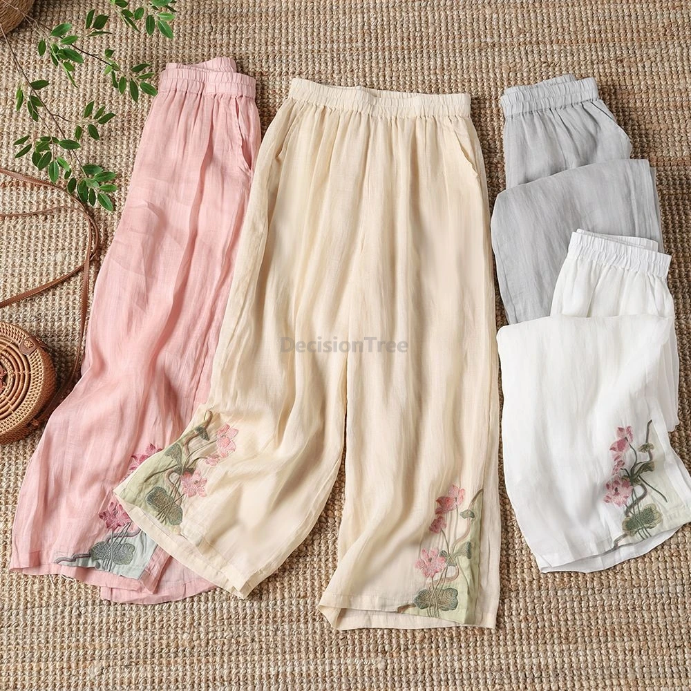 Summer Women Chinese style casual wide-leg pants summer retro patchwork embroidery breathable high-waist Cotton Linen long pants