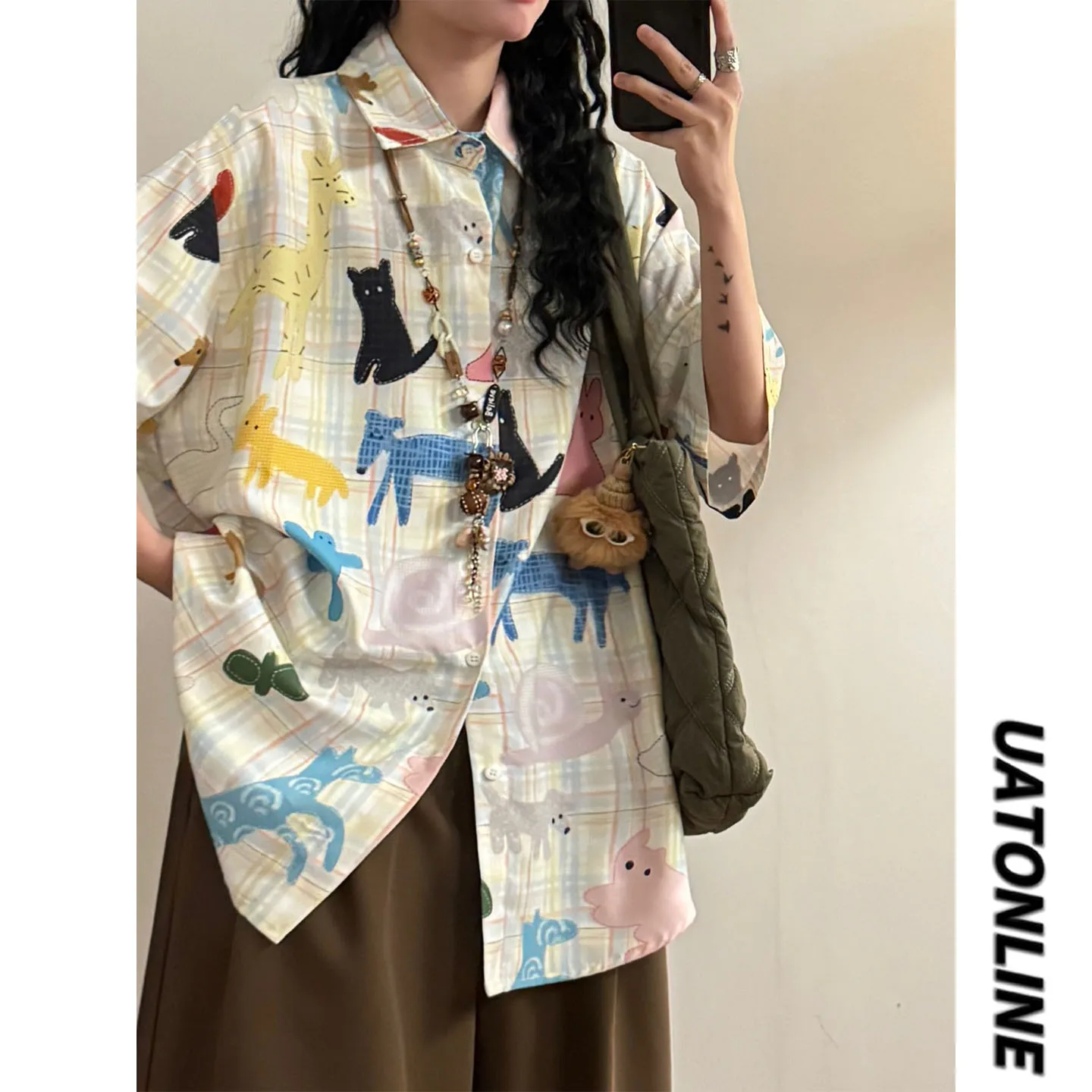 

UATONLINE Summer Cartoon Print School Style Loose Short Sleeve Shirt Casual Outerwear Top for Women Street Style Breathable