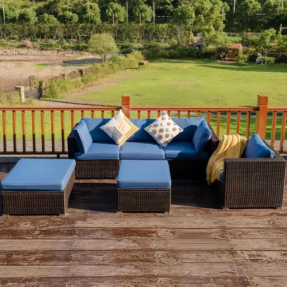 6 Pieces Patio Rattan Sectional urniture Set, Outdoor Wicker Contion Set, All Weather PE Wicker Soa Set with Back and Seat Cushi