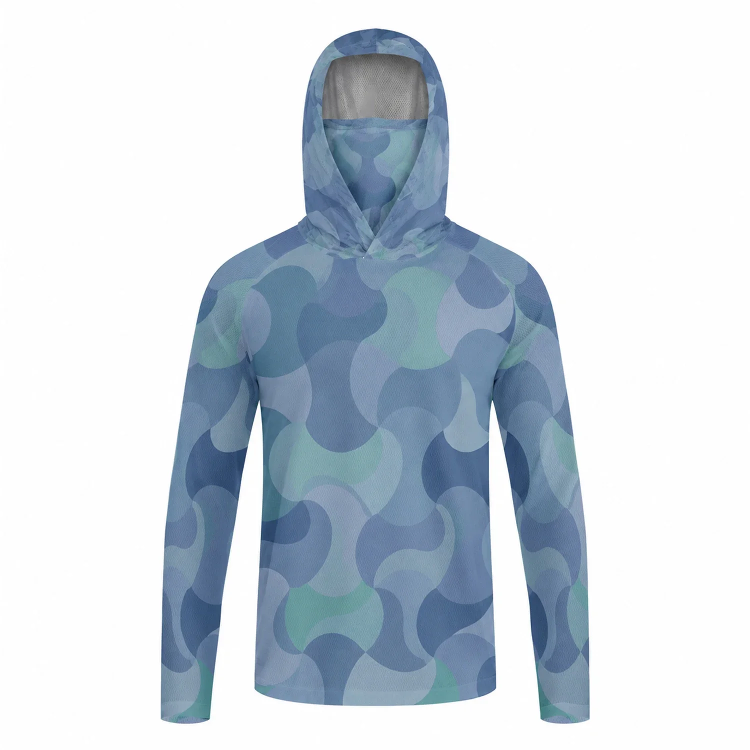 Herren Sommer UPF50+ Angel-Hoodie mit Gesichtsmaske, Reed Camo Bass-Print, schnelltrocknend, atmungsaktiv, leicht, langärmeliges Angelhemd – Detail 12