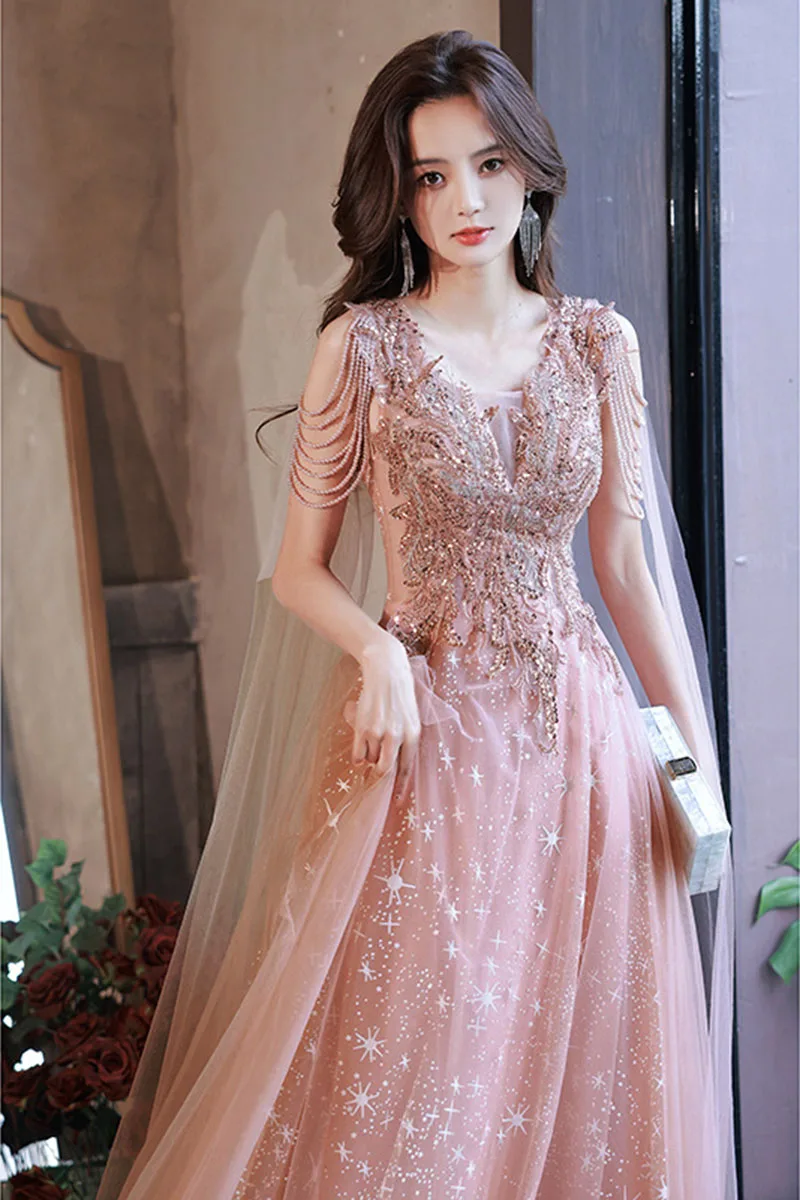 DongCMY Luxury Evening Dress For Wonmen 2025 New Summer Heavy Industry Long Pink Starry Sparkling Elegant Party Dress For Prom