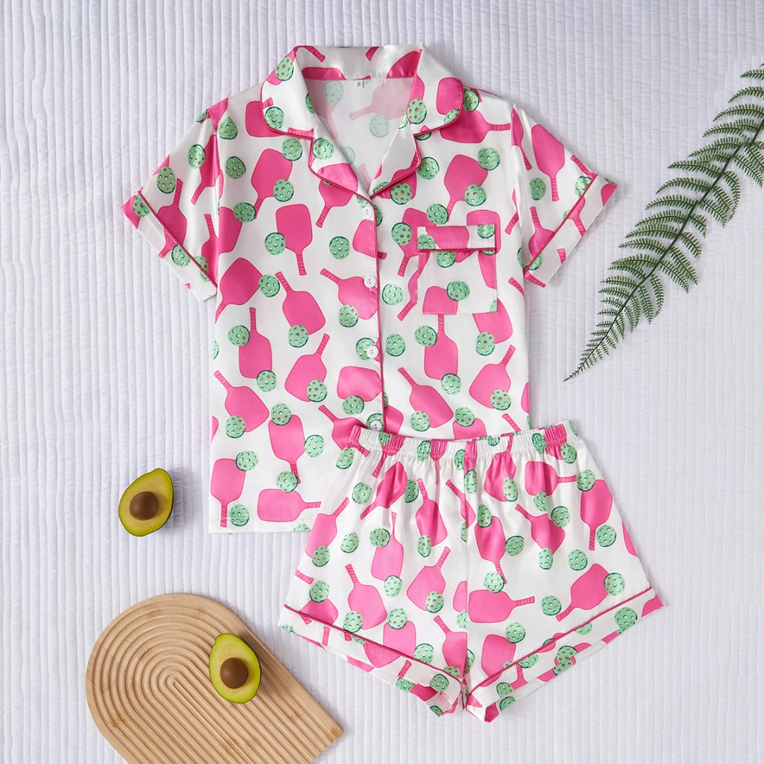 

White Women Pajama Set Valentine's Day Themed with Pink Print Lapel Shorts-sleeved and Shorts Pants Home Wear Gifts