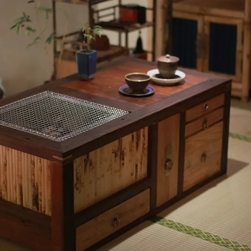 Cuenco de fuego 7T, tatami de madera, estufa de carbono, mesa de té, tatami chino multifuncional, mesa de té, ventanal, mesa kang kang ji corta