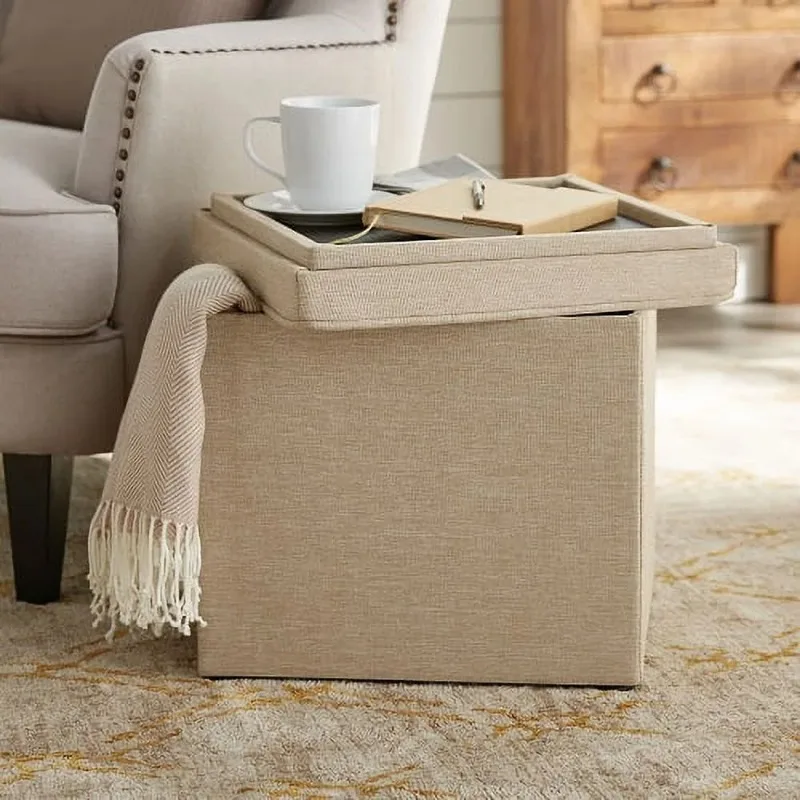 

Storage Ottoman with Tray, 16 Inch, Tan