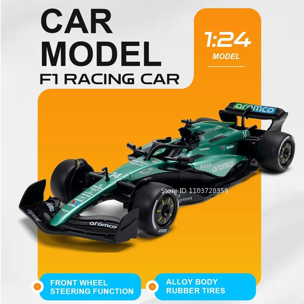 

Металлическая модель гоночного автомобиля F1 1:24 с акриловым защитным чехлом, резиновыми шинами и поворотными передними колесами для мальчиков, подарок для любителей спортивных машин
