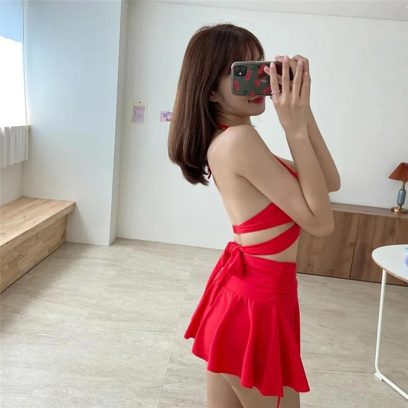 ชุดว่ายน้ําสตรี 2024 ผู้หญิงบิกินี่ชุดว่ายน้ําสีทึบBacklessเซ็กซี่Tankiniสามชิ้นเกาหลีใต้Hot Springชุดว่ายน้ํา