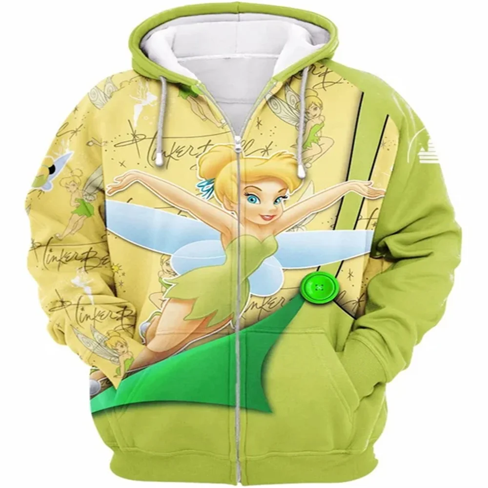 

Spring and Fall Disney Kids Tinkerbell Punk Text Graphic Hoodie Mens Womens Tinkerbell Floral Pullover 3D Zipper Jacket Street F