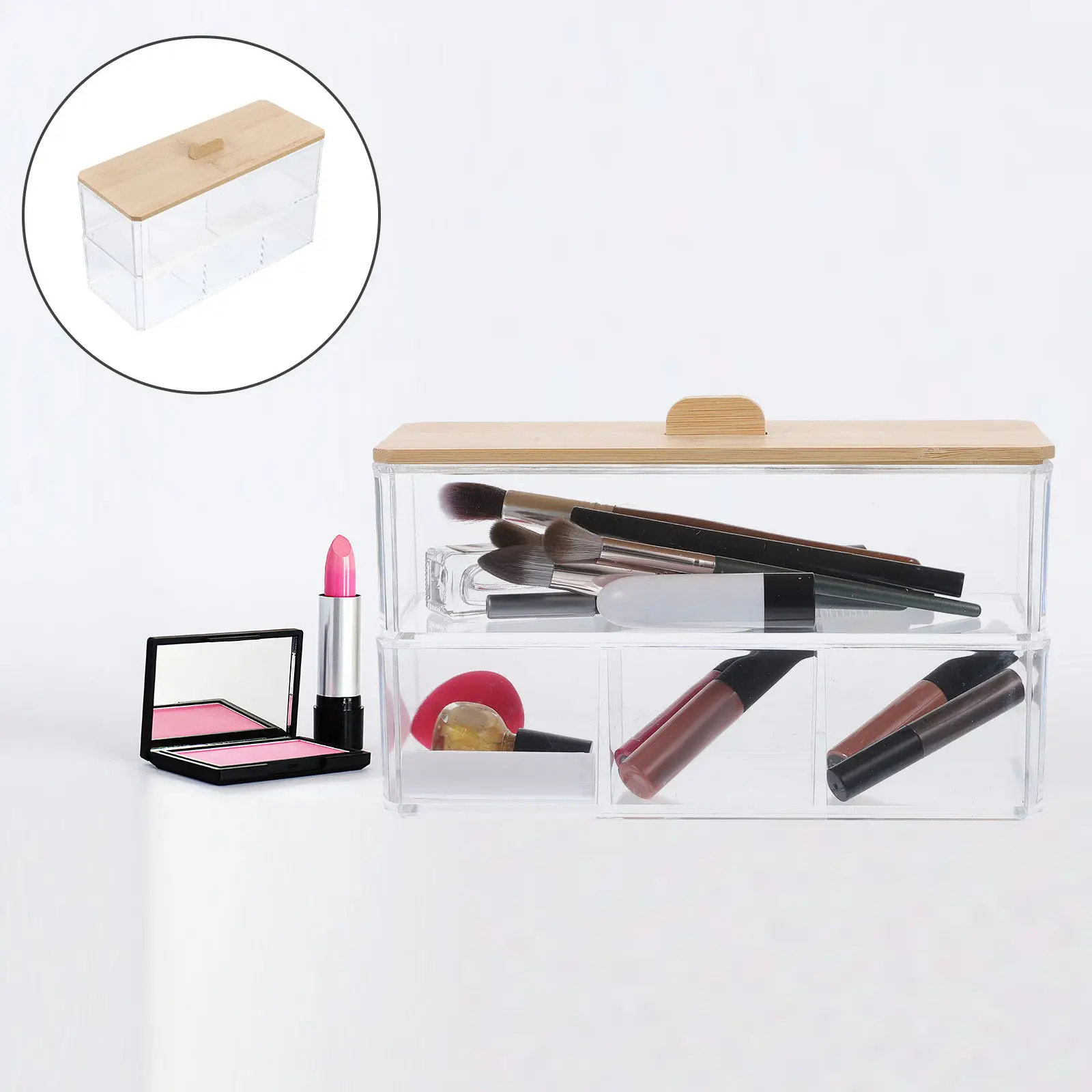 Clear Acrylic Cotton Swab Storage Box with Bamboo Lid – Dustproof, Compact, Space-Saving Organizer