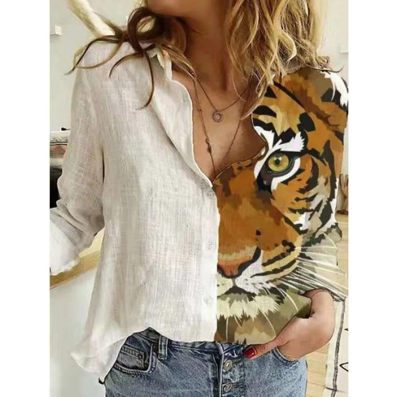 2024 Autumn new color combination lapel hand-painted printed fashion shirt women's fashion a variety of printed shirts