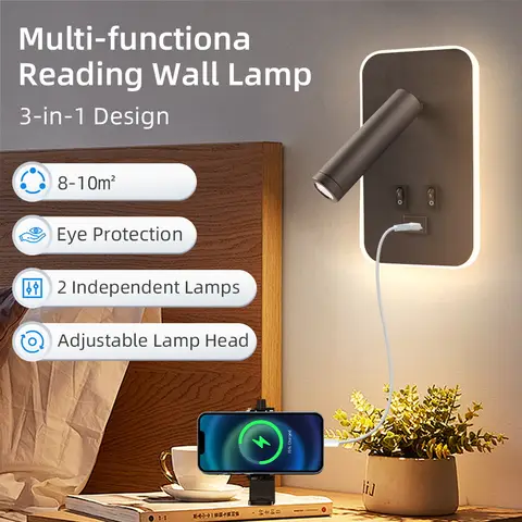 Wall Lamp with Chargeable USB Port Bedside LED Reading Bedroom Wall Lights Rotatable Head Wall Sconce for Living Room Home Decor