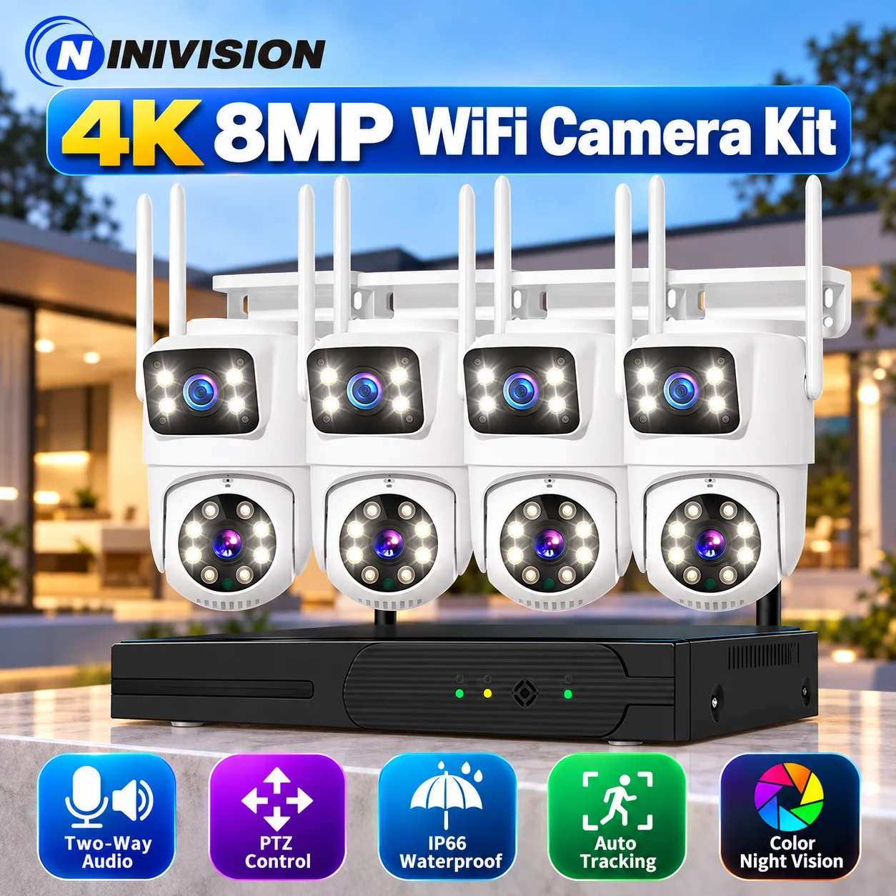 16CH Wireless NVR System Outdoor 4K Dual Lens PTZ Wifi Camera Auto Tracking Home CCTV Security Surveillance Kit 4CH 2 Way Audio