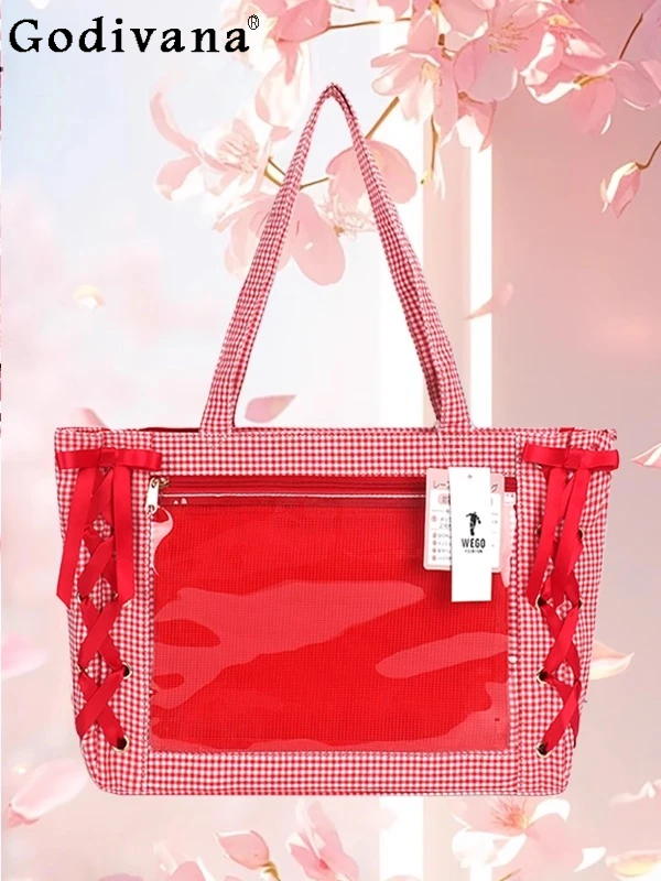 

2D Japanese Original Lolita Ribbon Pain Bag Dopamine Plaid Sweet Girl Daily Commute Fashion Versatile Shoulder Bag
