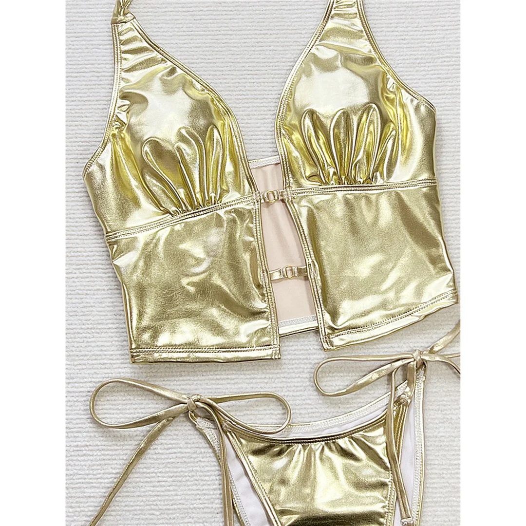 Sexy Tankini-Bikini aus Kunstleder, Neckholder-Bikini, Damen-Badeanzug, zweiteiliges Bikini-Set, Badebekleidung, Badeanzug, Modell V8258. – Detail 8