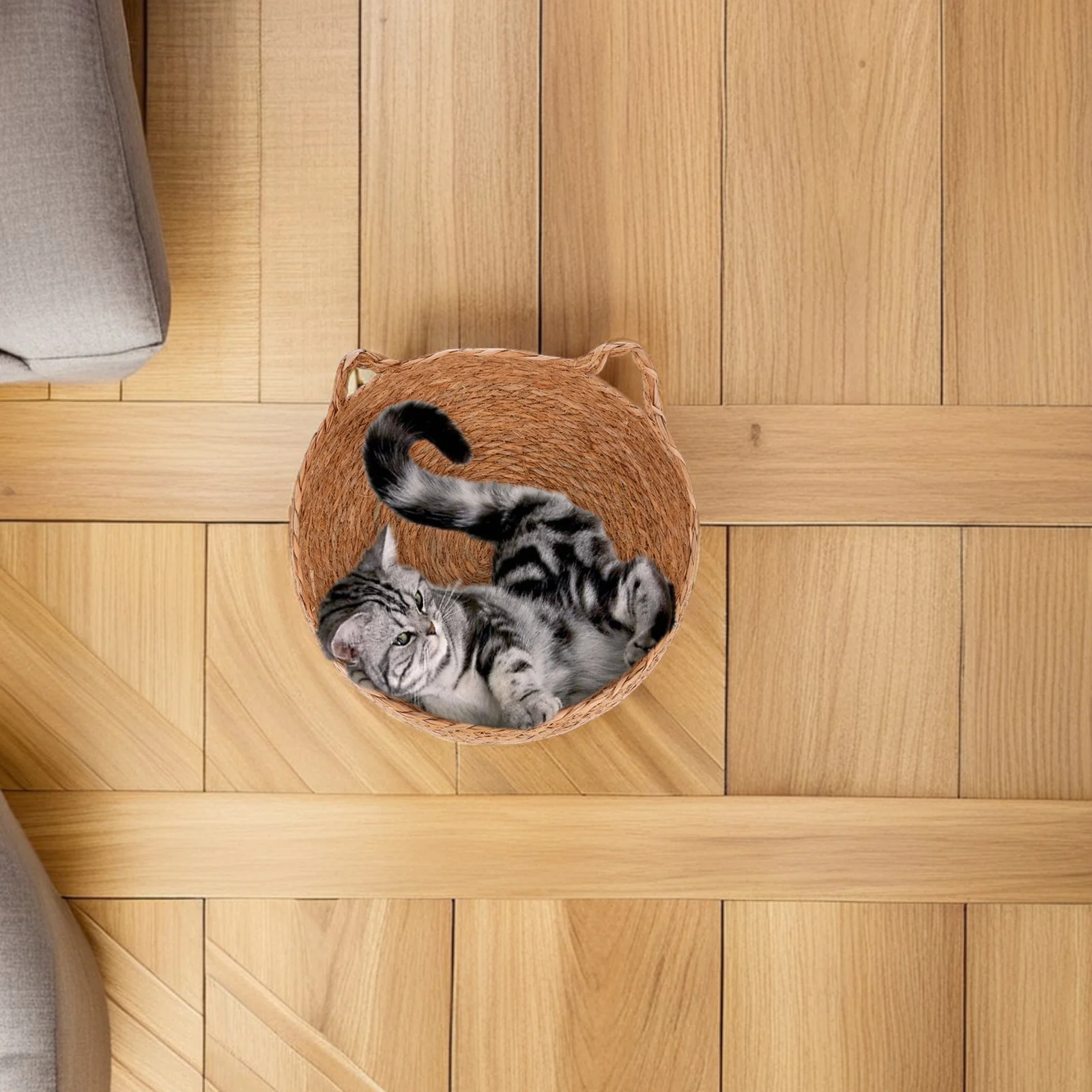 

Handwoven Cat Bed Natural Pet Nest Aesthetic Round Basket for Cats Small Dogs Cozy Stylish Indoor Use Woven House