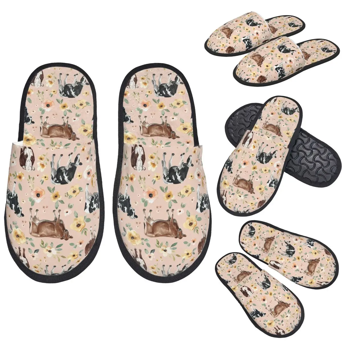 

Custom Cow Floral On Blush Pink, Yellow Flowers Slippers Memory Foam Warm Soft Women House Slipper Indoor Comfy Shoes