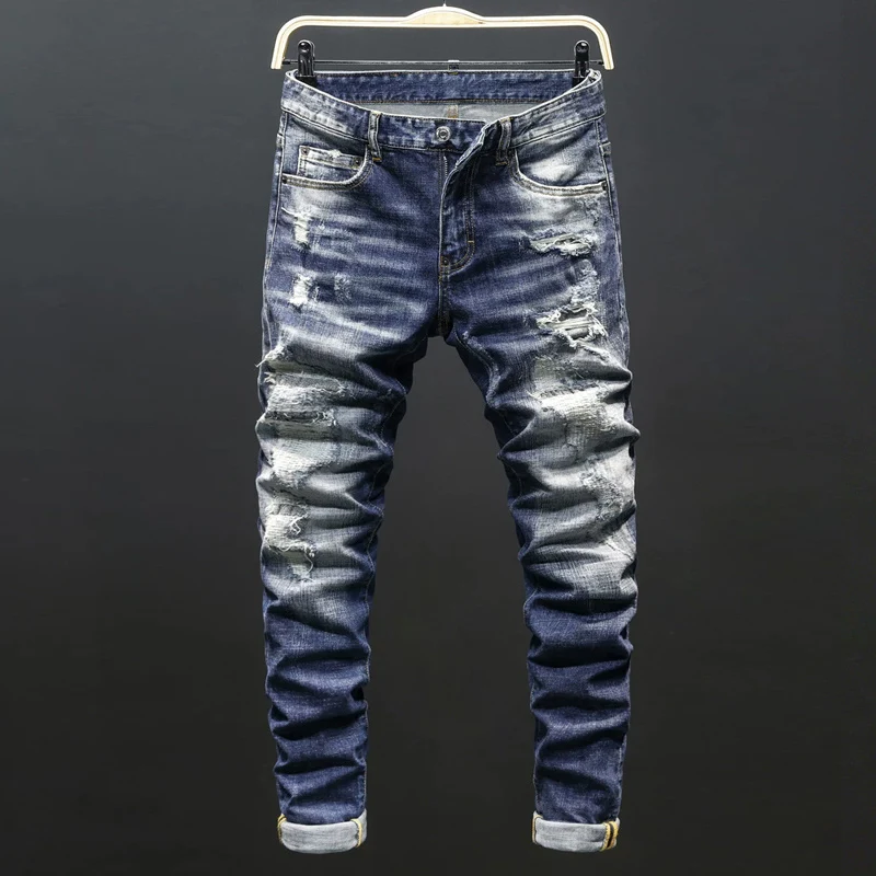 Men Blue Gradient Whisker Wash Multi‑Layer Frayed Ripped Stretch Skinny Denim Jeans Hip‑Hop Streetwear Denim Jeansy2k