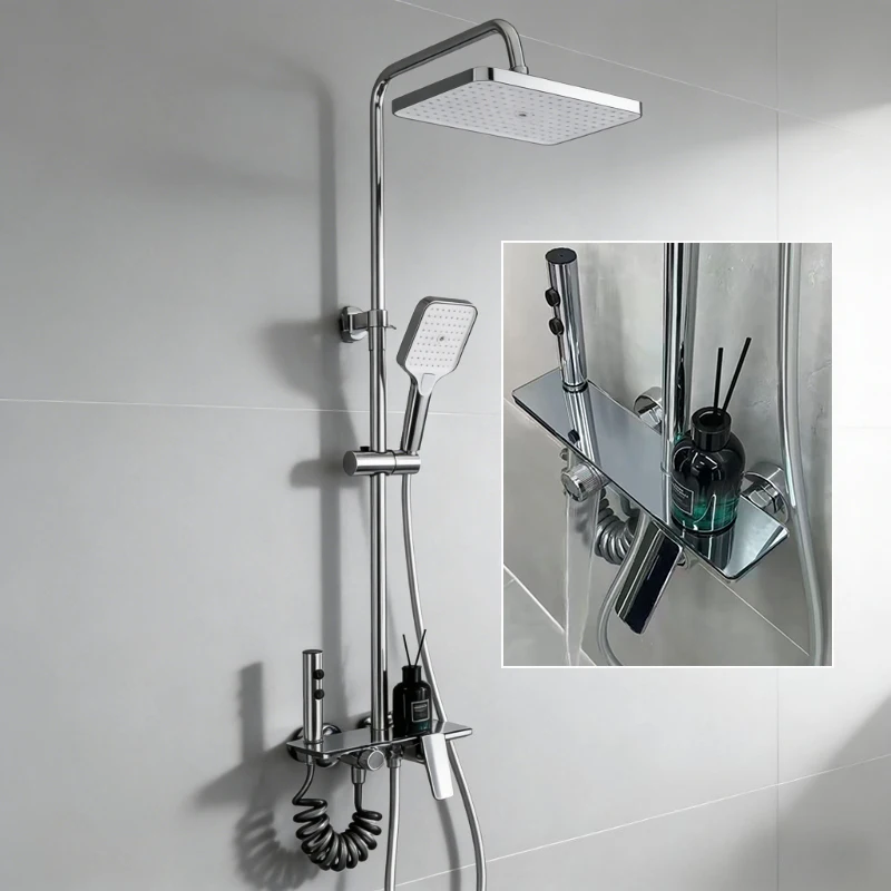 Brass Shower Mixer Crane with Shower Hand Set Wall Mounted Bathroom Shower Faucet Set 4-way Rainlfall Showers System Set