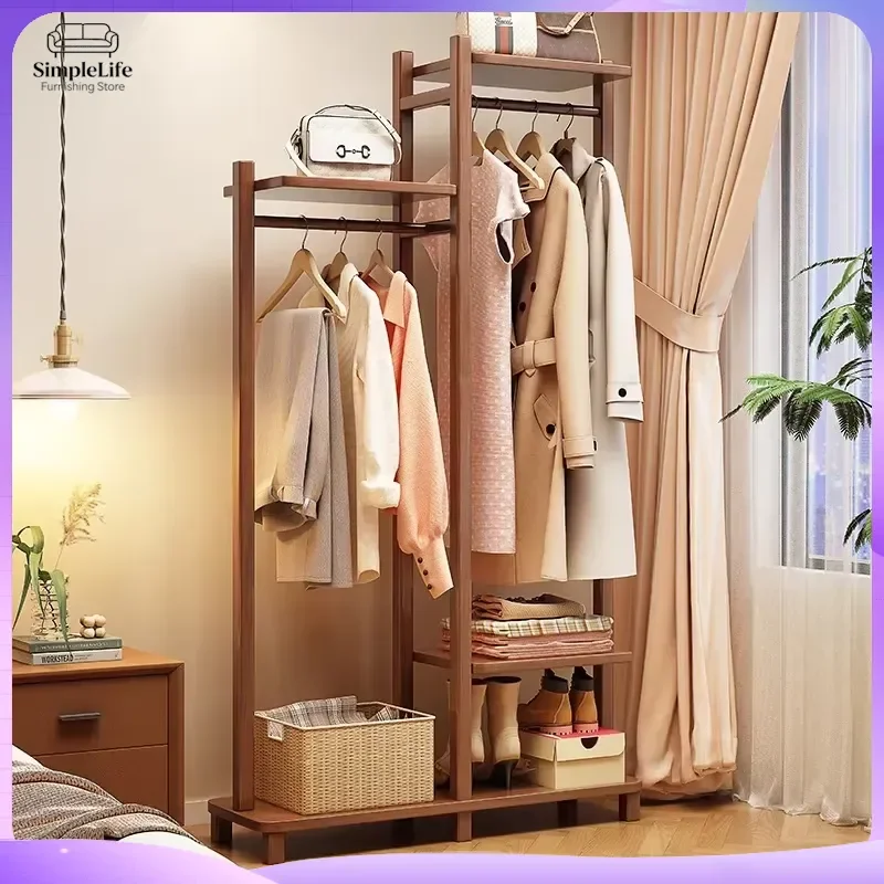 Solid Wood Coat Rack Freestanding Clothes Hanger Stand with Multi Layer Storage Shelf Modern Entryway Hall Tree Organizer for