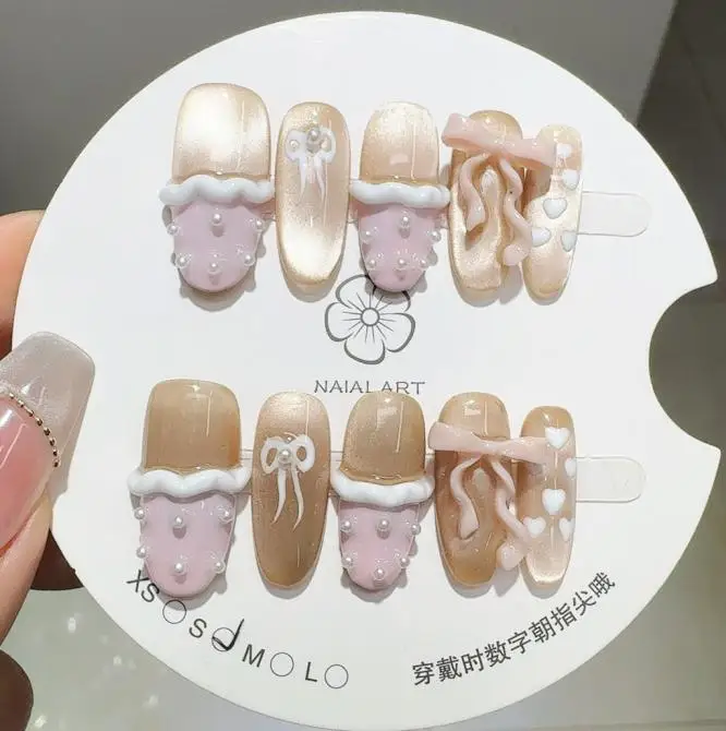 

10PCS 3D Bowknot Pearl Design Medium Oval Press on Nail Shiny Golden Cat Eye French Nail Art Pink Sweet Heart Wearable Fake Nail