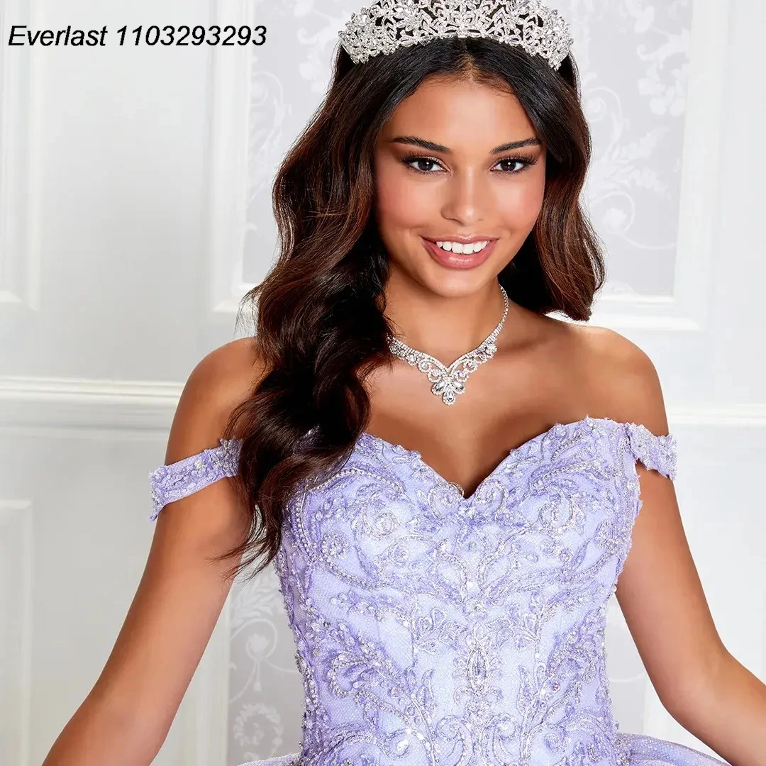 Evlast Glitter Lavendel Quinceanera Jurk Baljurk Kanten Applique Kralen Off Shoulder Sweet 16 Vestido 15 De Años Tqd250