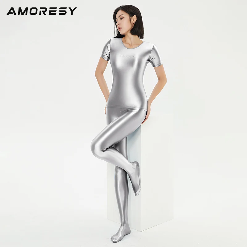 AMORESY electa series color half sleeve shiny silky elastic bottomed Tight Sexy T-shirt