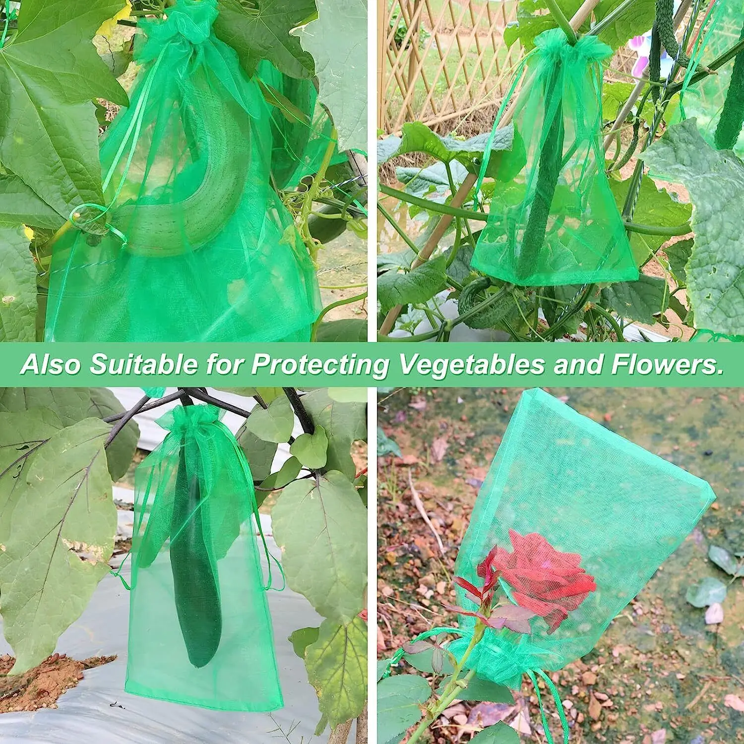 50Pcs Fruit Protection Bags Anti-Bird Netting Cover Green Mesh Barrier Bags with Drawstring Protecting Fruit From Insect 20*30CM