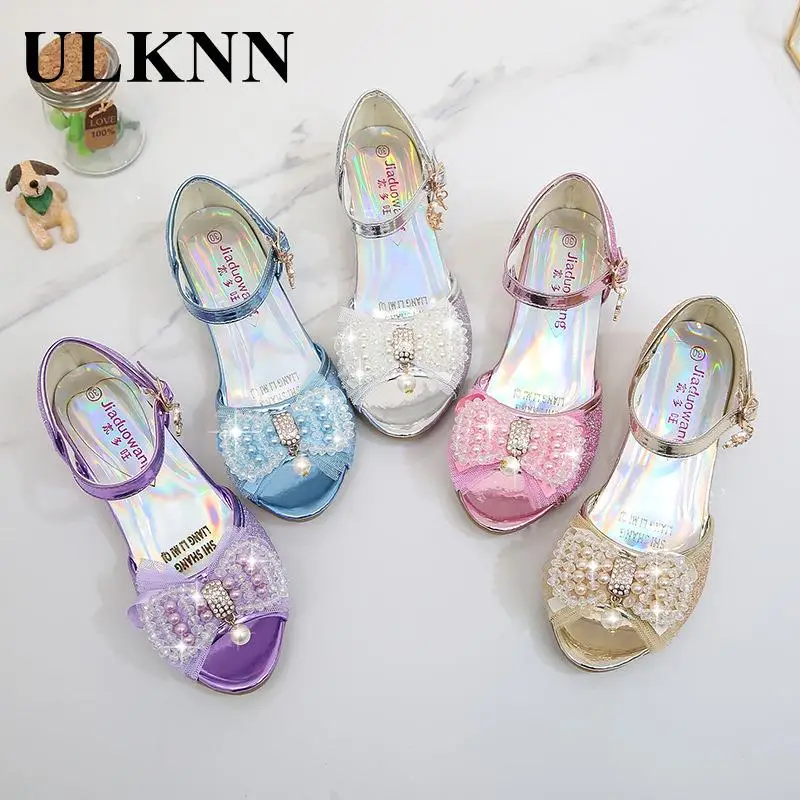 Children's High-heeled Sandals Kid's Lovely Bowknot Shoes Baby Fashion Purple Children Blue Shoes Students Girl's Party Shoes