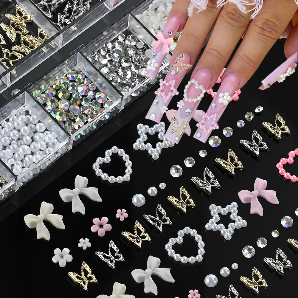 12 Grids Rosa Gemischte Harz Bogen Blume Perle Herz Nagel Charms Legierung Hohl Schmetterling Strass Nagel Dekorationen Maniküre Schmuck