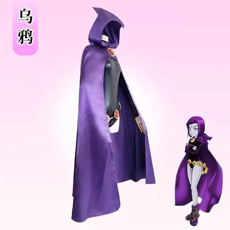 New Teen Titans Super Hero Raven Cosplay Costume Women Black Bodysuit Purple Hooded Cloak Jumpsuits Halloween Party Costume