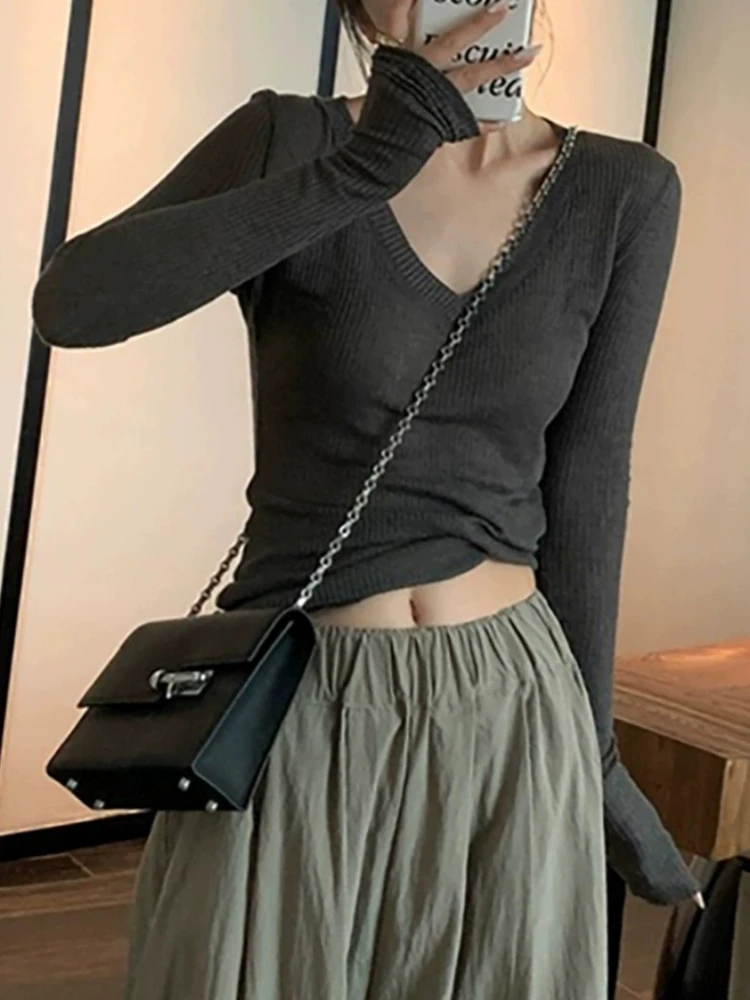 2026 Spring Summer Knitted Long Sleeve Women T-shirt Hot Girl Sexy V Neck Stretchy Slim Figure Flattering Tee Basic Inner Top view 5
