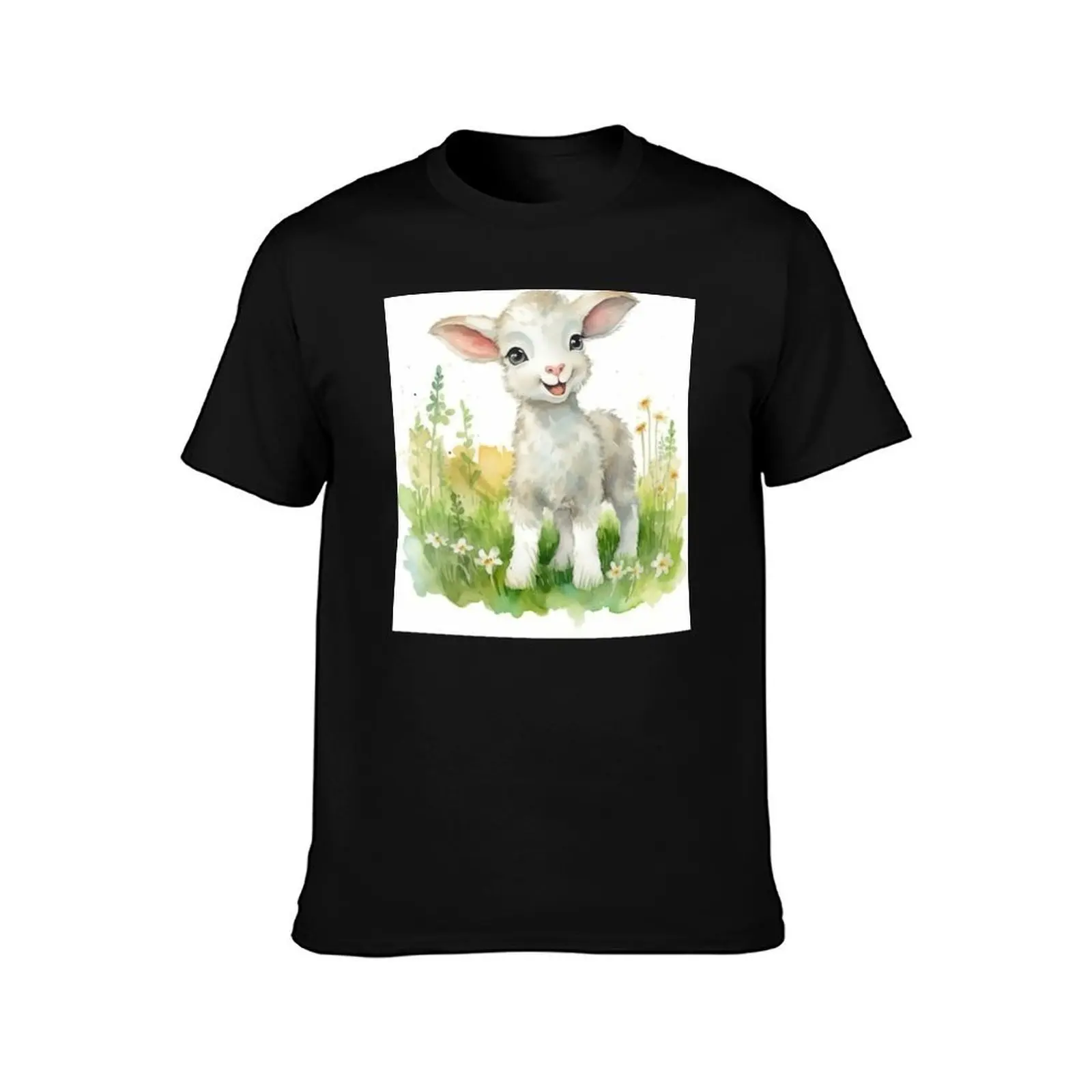 Happy White Lamb - Meadow Friends: Kids' Watercolor Prints by Mila van Meer T-Shirt No Iron Casual Short Sleeve Top T-Shirt