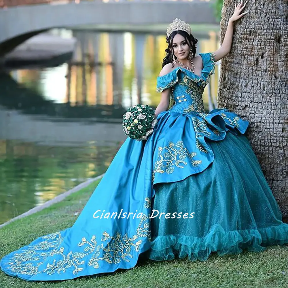 

Hunter Green Off The Shoulder Ruffles Quinceanera Dresses Ball Gown Gold Embroidery Corset Vestidos De XV Anos