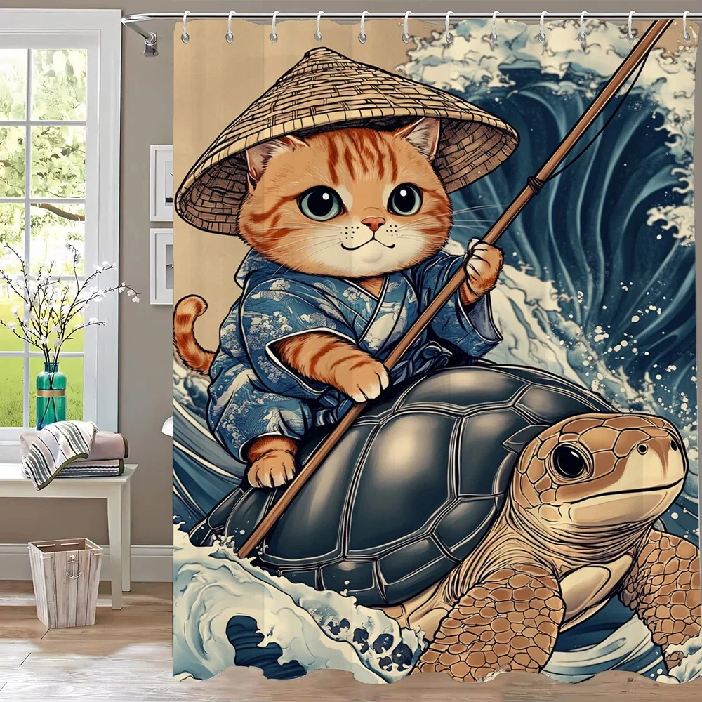Funny Cat Riding A Turtle Shower Curtain,Japanese Wave style Polyester Fabric Bathroom Curtains for Home Decoration Curtain