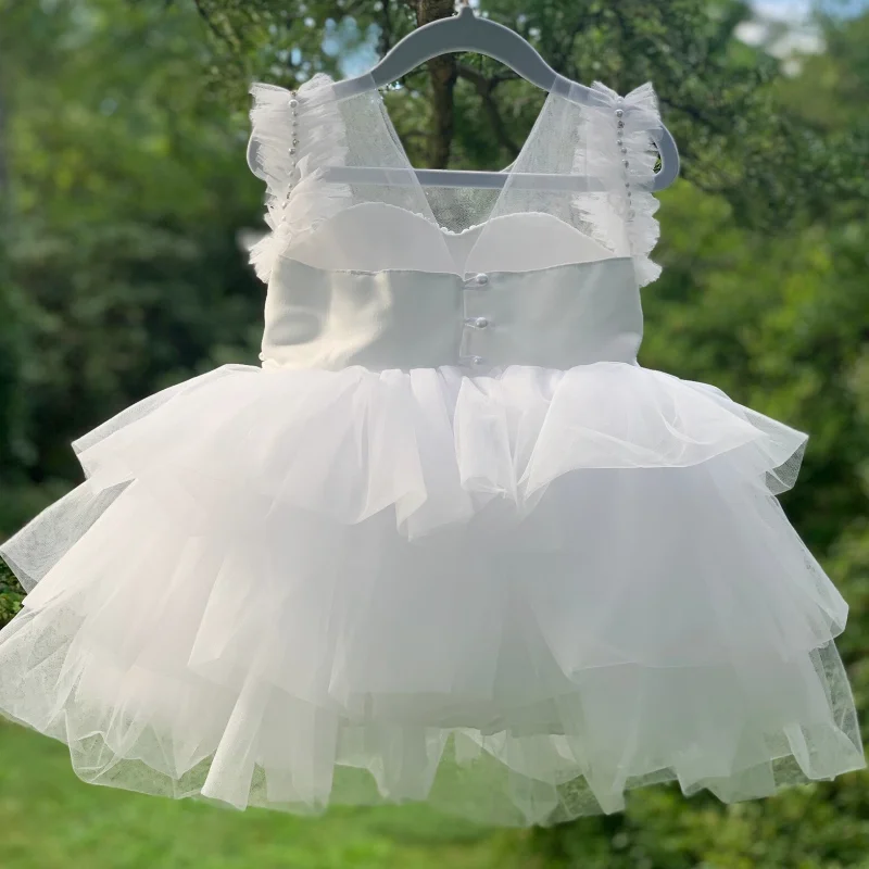 Flower Girl Dress White Tulle Puffy Tiered Pearls Top Sleeveless For Wedding Birthday Party First Communion Gowns