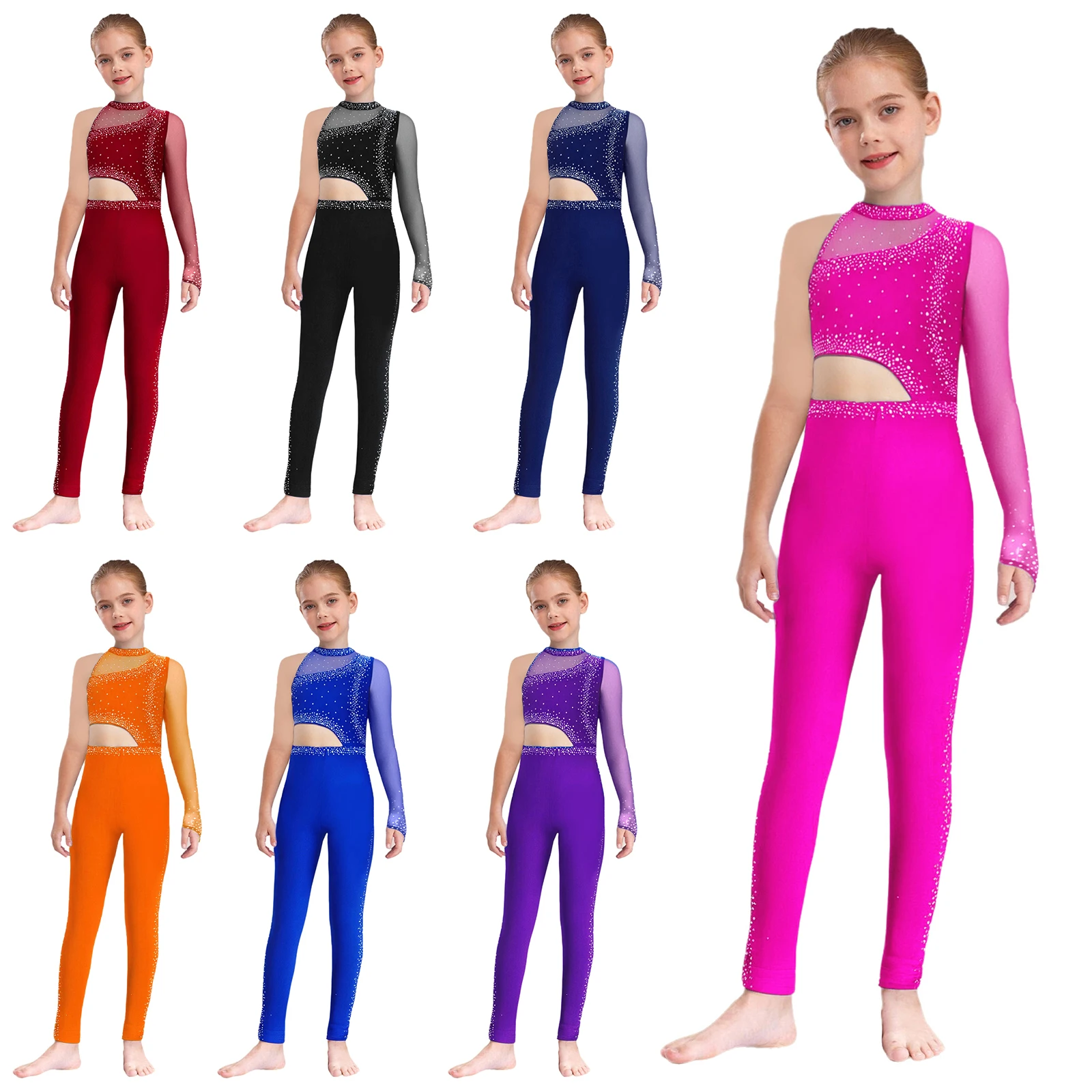 Kids Girls Gymnastics Figure Skating Dance Costume Sheer Mesh Cutout Jumpsuit Rhinestones Full Body Leotard Ballet Dancewear