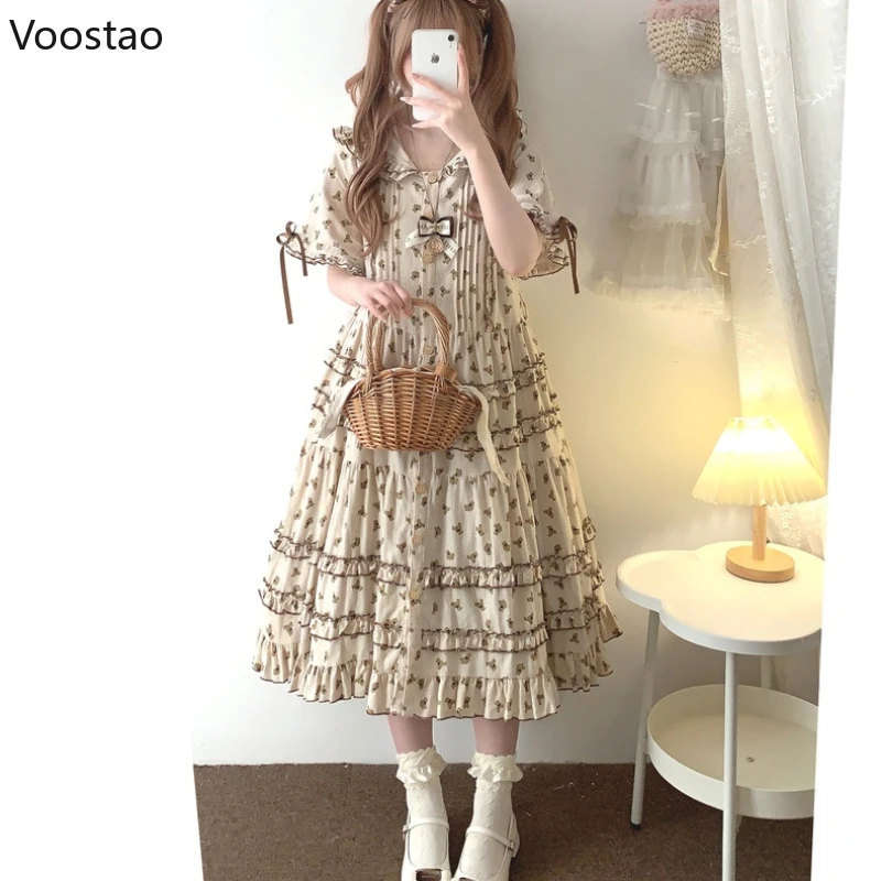 Vintage süße Lolita Prinzessin Kleid Frauen elegante süße Cartoon Bär Druck Rüschen Kapuzen kleider Mädchen Kawaii Party langes Kleid