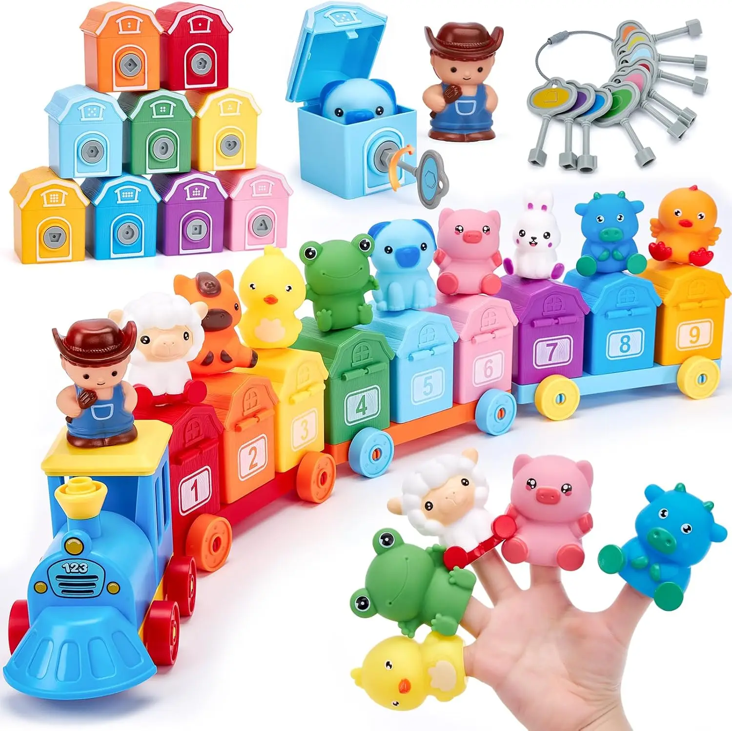 2歳・3歳向け幼児学習玩具-数える・マッチング・並べ替えアクティビティ-モンテッソーリトレインセット（農場動物の指人形付き）