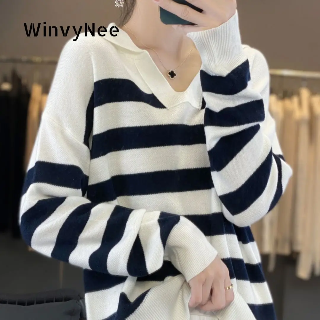 

WinvyNee Women's Casual Loose Sailor Collar Knitted Wear Spring Fashion Stylish Design Soft Lightweight Daily Top ZA1047036