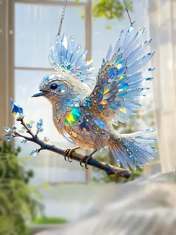 2D Pretty Bird Stained Window Hanging, Bird Art Pendant For Kitchen Livingroom Office, Halloween Fall Animal Lover Wreath Sign