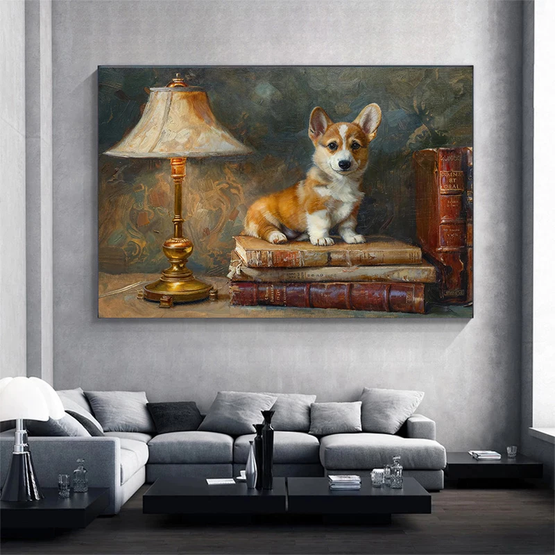 Entzückender Pomeranian-Hund im Ölgemälde-Stil, Leinwanddruck, surreales Sci-Fi-Steampunk-Katzen-Kunstposter, ungerahmt, lustige Wanddekoration, Geschenk