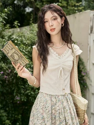 MISHOW Short Auricularia Auricula Edge V-neck T-shirt 2024 Summer Sweet Jacquard Lace-up Tops Slim Female Sweet Top MXD26X1549